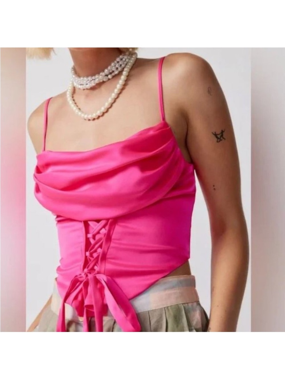 silence + noise Hot Pink Satin Cowl Neck Lace-Up Camisole